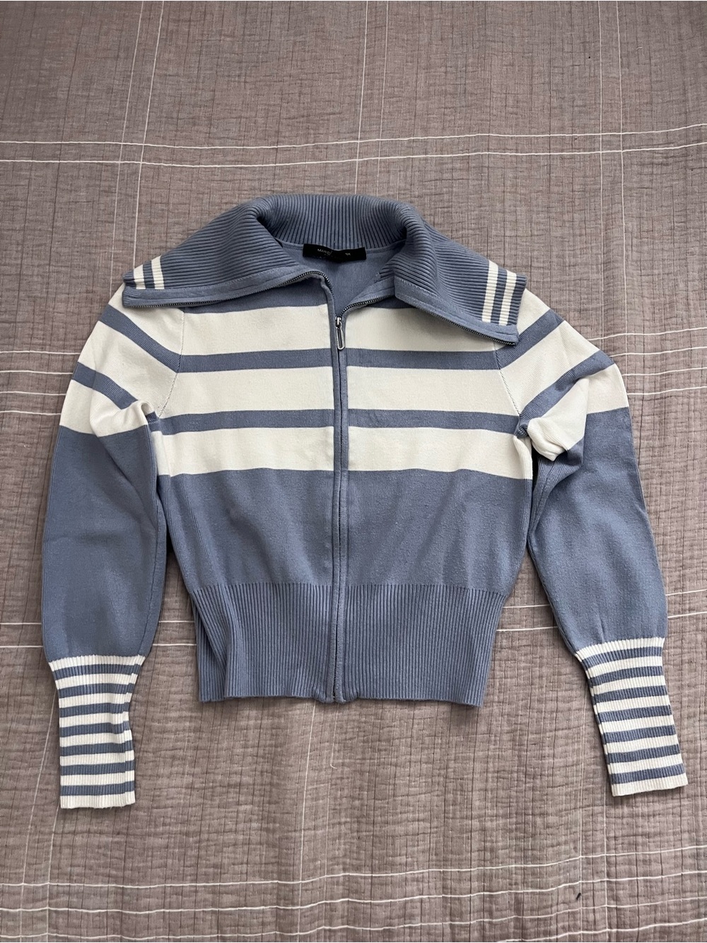 Blue and White Striped Zip-Front Women's Sweater